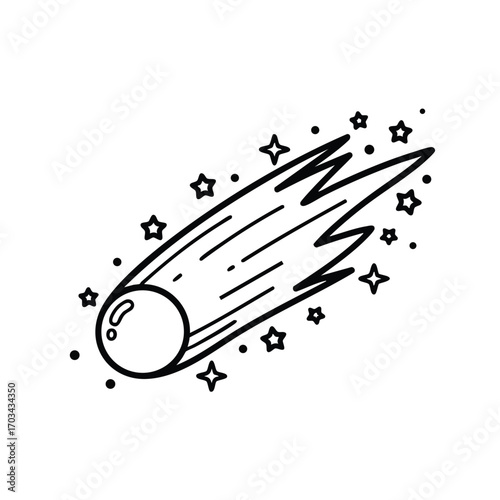 Black and white line art illustration of a comet with a glowing tail surrounded by stars and space dust particles