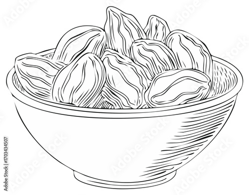 Hand-drawn line art of ripe dried dates in a ceramic bowl, healthy snack and food ingredient