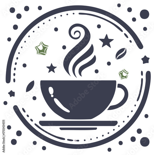 Steaming Coffee Cup with Stars and Dots Art Deco Style
