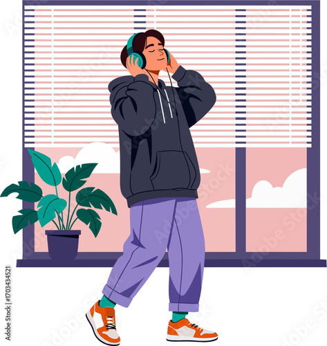 Illustration of a teenager with earphones enjoying music at home, walking leisurely in front of the window. Young listening to music with headphones in front of the window in a relaxed atmosphere.