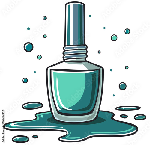 Teal Nail Polish Bottle Illustration with Bubbles and Spillage