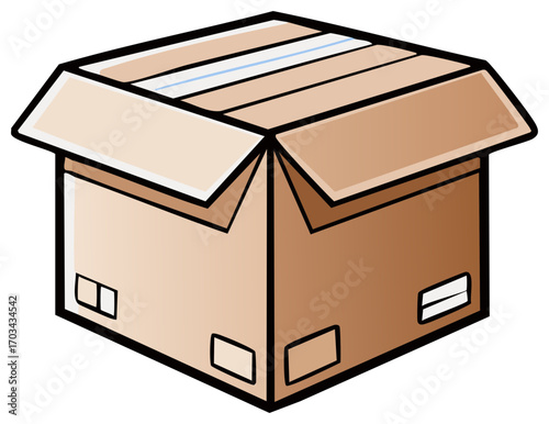 Open cardboard box with flaps lifted upward. Vector illustration.