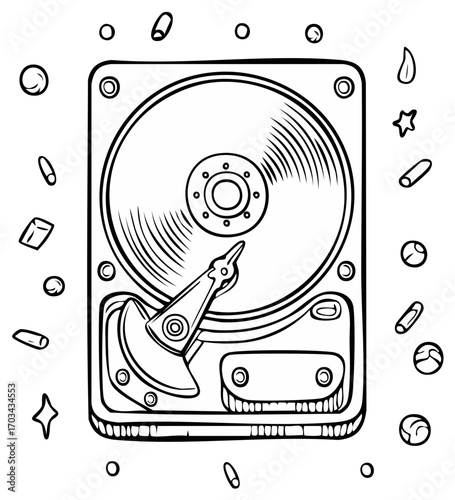 Hand drawn open hard disk drive vector illustration. Black and white coloring page style sketch of data storage.