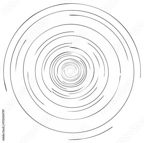 Abstract black and white concentric swirling circles with radial motion lines creating a dynamic vortex pattern
