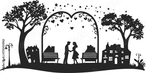Romantic couple silhouetted under heart archway in park with trees and buildings