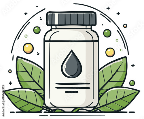 Herbal medicine supplement bottle illustration with leaves and oil drop for wellness and natural remedies and alternative healthcare