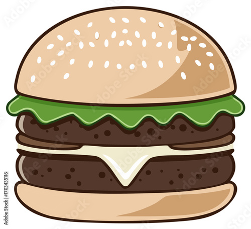 Cartoon Double Cheeseburger with Lettuce and Sesame Seed Bun Illustration