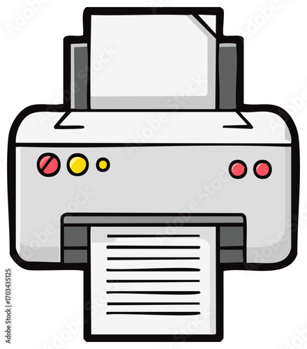 Simple cartoon illustration of an office printer printing a paper document