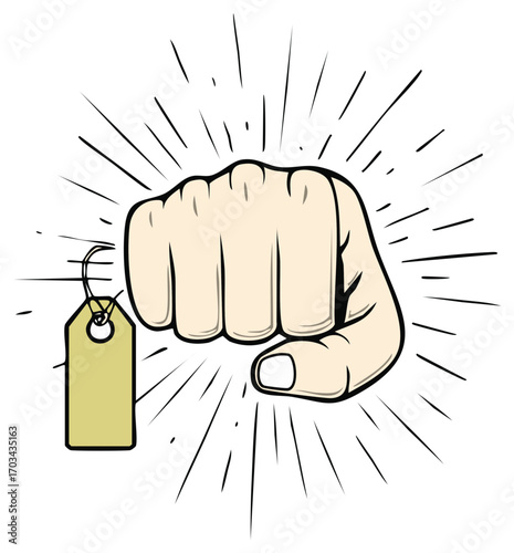 Clenched Fist with Price Tag Symbolizing Sale Offer Deal and Savings with Burst Illustration Style