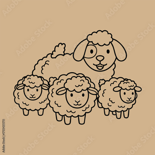 Cute cartoon illustration of a mother sheep with three fluffy lambs standing together on a plain background