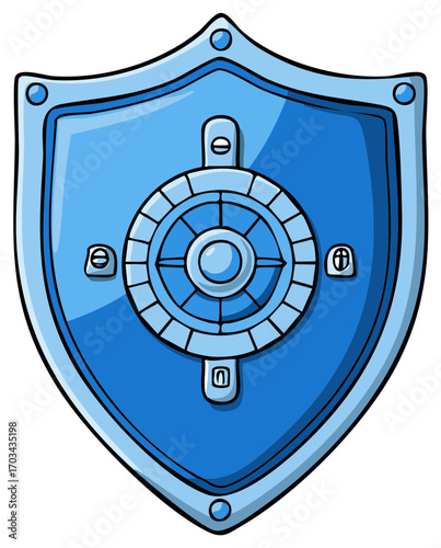 Ornate Blue Medieval Fantasy Shield with a Circular Mechanical Device