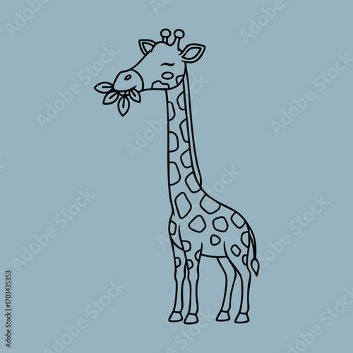 Simple black line drawing of a giraffe eating leaves with a calm expression on a solid muted blue background