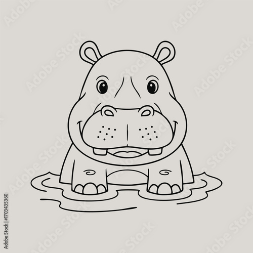 Cute cartoon hippopotamus standing in shallow water with a friendly smile and simple black outline drawing style