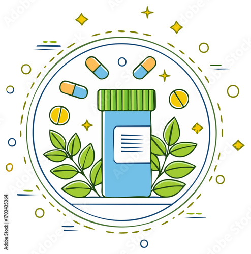 Herbal medicine treatment concept with bottle, pills and leaves in organic composition