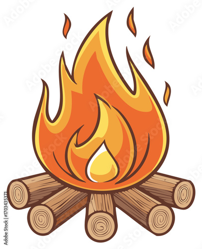 Cartoon Bonfire with Fiery Flames Leaping Above Wooden Logs, Cartoon Illustration