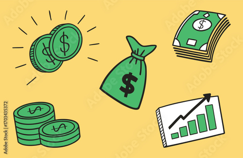 Dollar, Price, Money bag, coins Rates graph doodles on yellow background