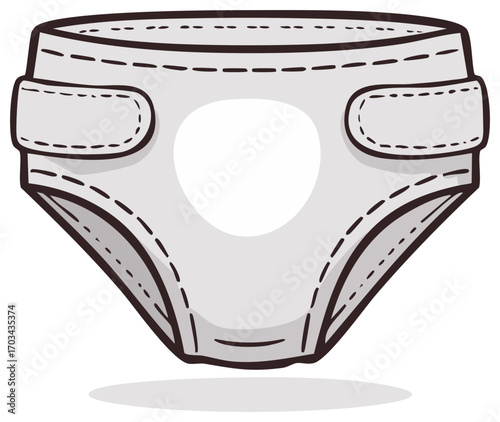Cartoon illustration of a white pet diaper with a tail hole and fasteners for animal hygiene