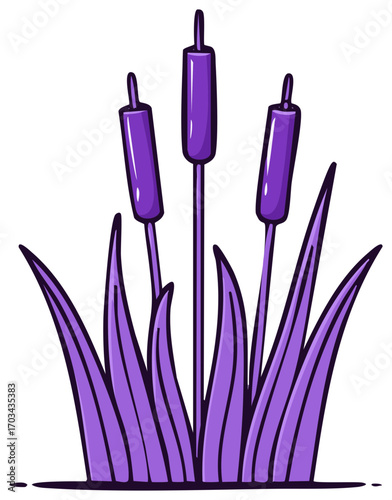 Purple Cattails with Leaves, Nature Botanical Illustration Vector Drawing