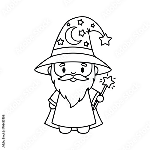 Cute cartoon wizard character with a starry hat and magic wand in a simple black and white line art style