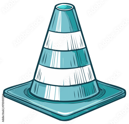 Cartoon illustration of a teal traffic cone with white stripes, isolated.