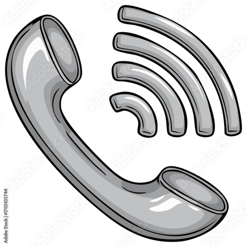 Illustration of a grey telephone receiver with signal waves representing communication and connection