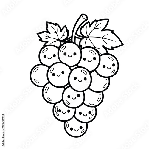 Cute cartoon bunch of grapes with smiling faces and leaves in a simple black and white line art style