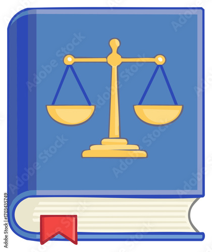 Law Book illustration with scales of justice in gold, legal concept, judgment and equilibrium in legislation.