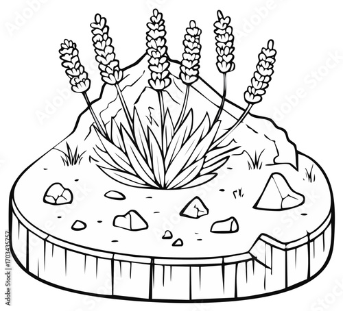 Lavender plant growing in rocky terrain with mountains in background, line art illustration
