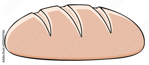 Loaf of light brown bread with scored crust on a white background