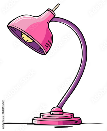 Illustrated pink desk lamp with a purple arc-shaped stem