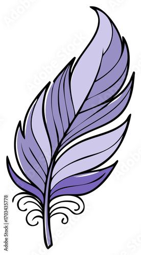 Elegant Purple Feather Illustration, Detailed Design with Swirls, Plume Graphic Art