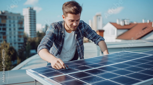 Man installing portable solar panel on apartment balcony with city view