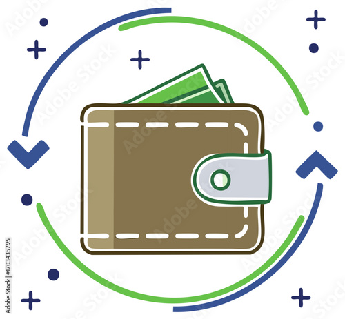 Wallet with Green Money, Arrows and Signs Representing Financial Transactions and Investment Return
