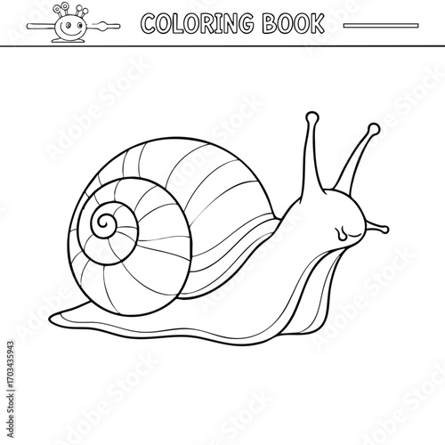 Black and white snail illustration with detailed shell and body lines for children's coloring book activity page
