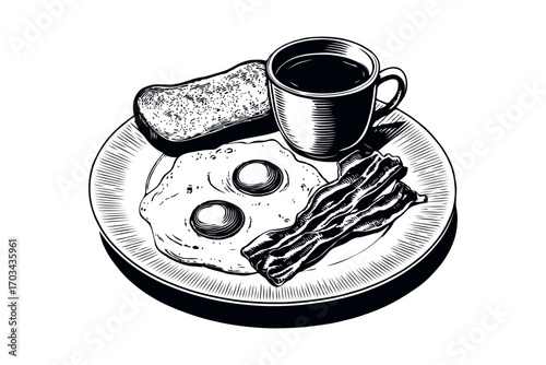 Traditional breakfast plate with eggs, bacon, toast and coffee in hand-drawn sketch style on white background, concept of morning meal