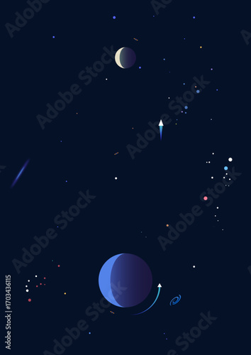 Earth and Moon astronomy poster. Space landscape vector illustration