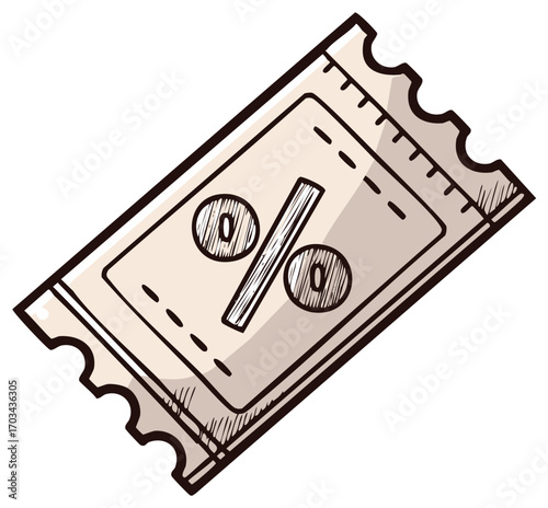 Hand drawn illustration of a discount coupon ticket with a percentage sign symbol for sale offer