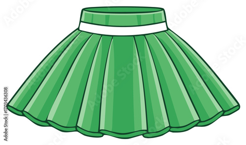 Cute cartoon vector illustration of a green pleated mini skirt with a white waistband for fashion and apparel concepts.