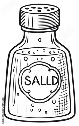 Stylized salt shaker cartoon with label, black and white kitchen seasoning