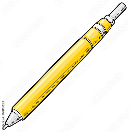 Illustration of a yellow ballpoint pen with bold outline, detailed drawing of stationery
