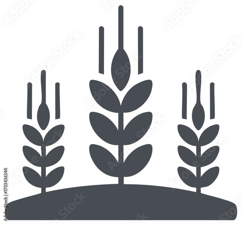 Stylized silhouette of three wheat stalks growing from a mound of earth