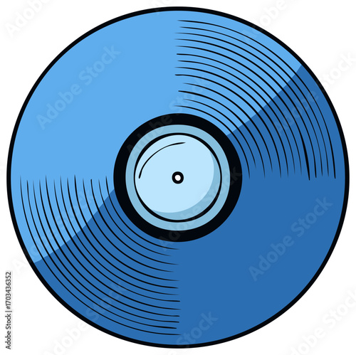 Illustration of a blue vinyl record with grooves and label in a circular format. Pop art style.