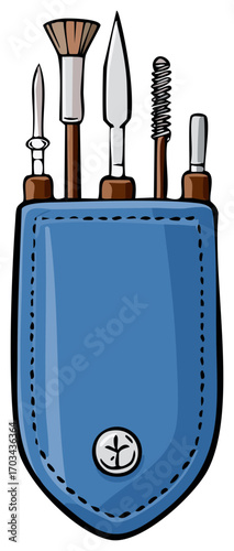 Makeup brush set in a blue pouch, beauty tools for facial application and cosmetic procedures in illustrated style