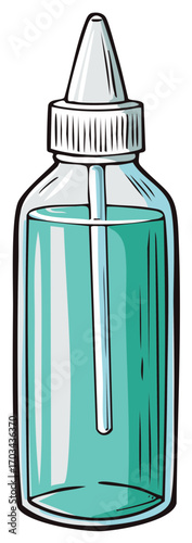 Glass bottle containing a turquoise liquid with a dispenser for medicine or cosmetic purpose, showcasing wellness and health