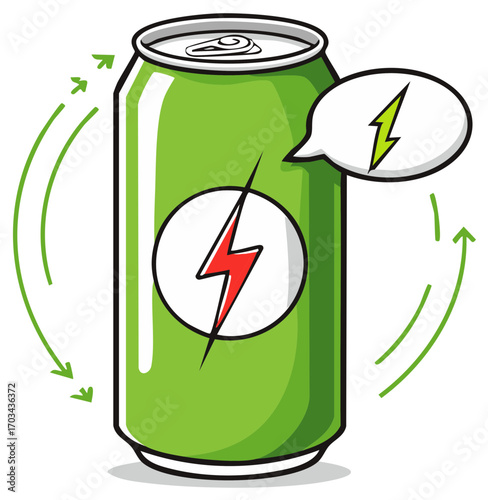 Sparkling Green Energy Drink Can with Red Lightning Bolt, Refreshed and Energized Feeling