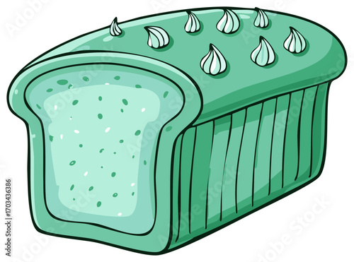 Unusual green loaf of sweet bread with cream frosting dollops cartoon illustration