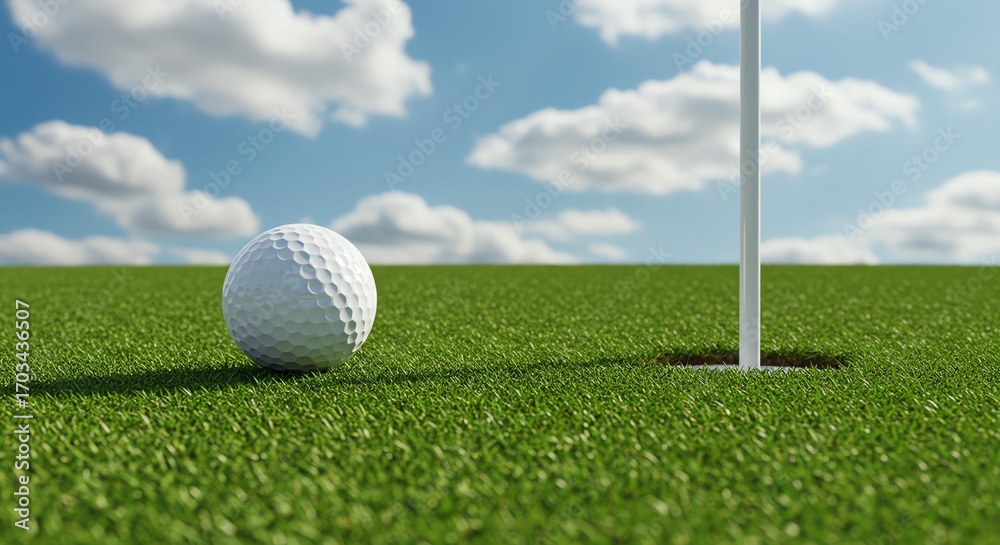 Obraz premium Golf ball on green grass near hole