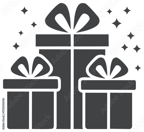 Festive arrangement of three wrapped gift boxes with bows and sparkles