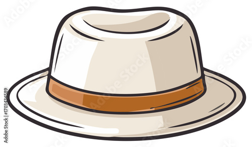 Illustrated White Panama Hat with Brown Ribbon