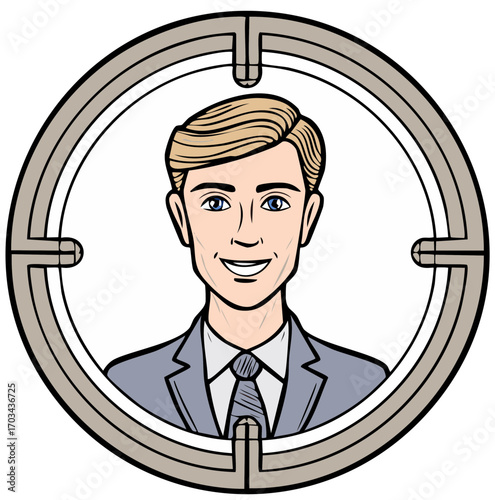 Cartoon man with blond hair, blue eyes, smiling in a grey suit, framed by a rifle scope, against a white background.